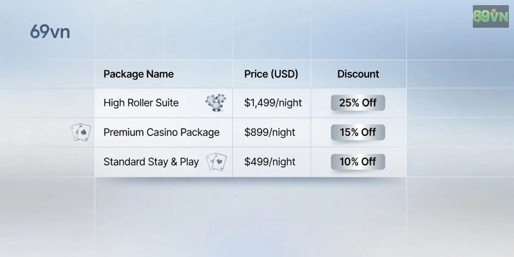 Bảng giá chi tiết các gói dịch vụ hotels with casinos 69vn năm 2025