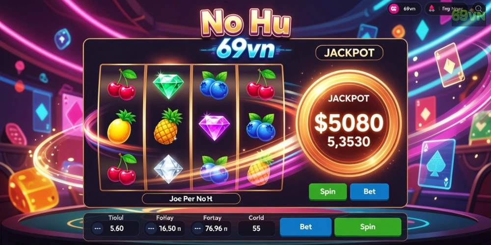 Minh họa khái niệm game nổ hũ trên nền tảng 69vn với guồng quay và jackpot hấp dẫn.